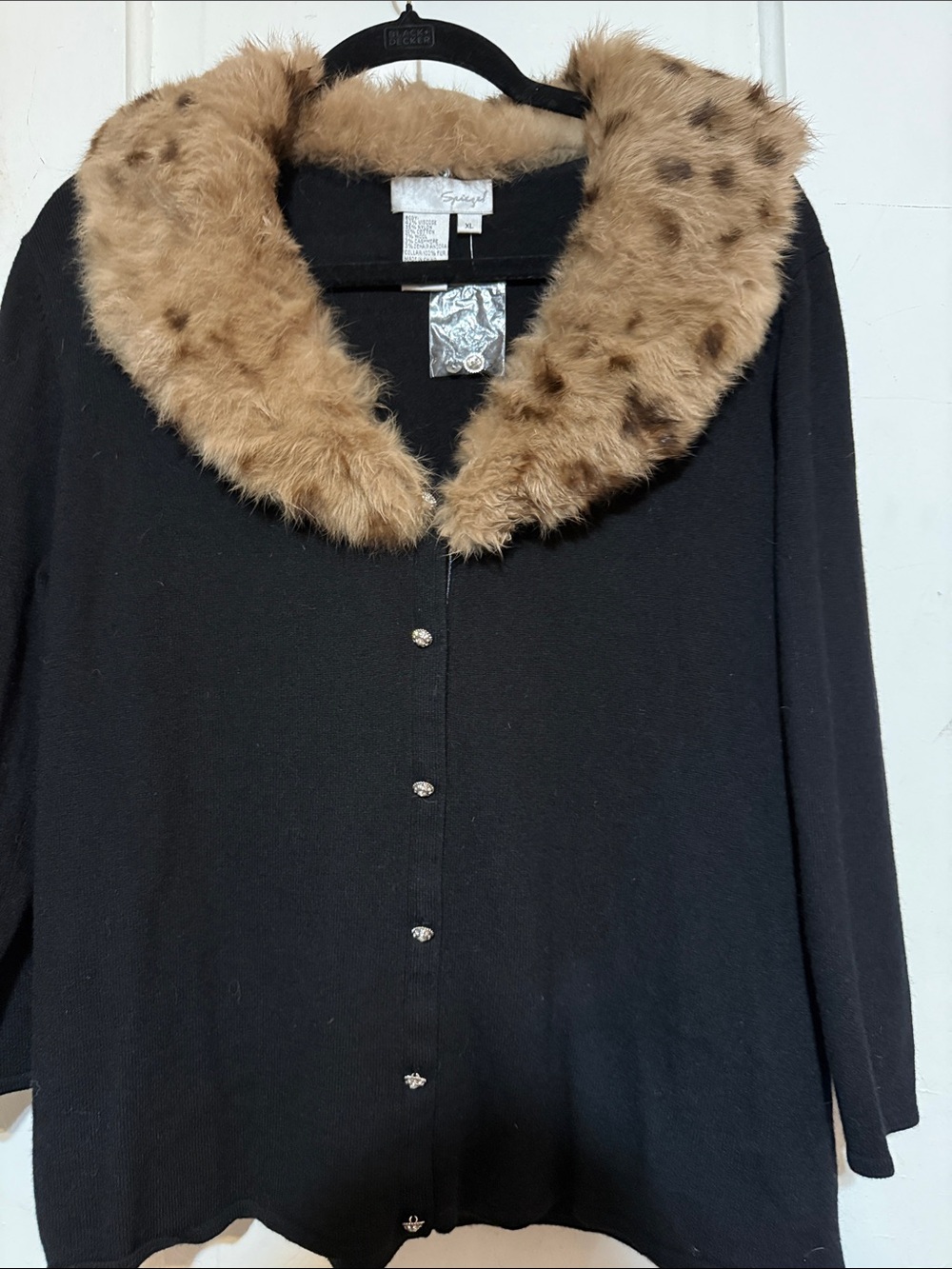 Spiegel Black Cardigan with Tan Spotted Faux Fur Collar